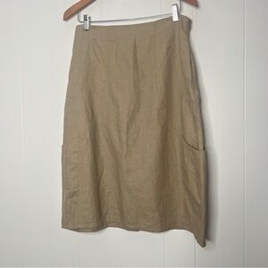 Sarah Pacini Linen Tan Midi Skirt Size 2 (Medium) Woven A-line Pockets Lagenlook